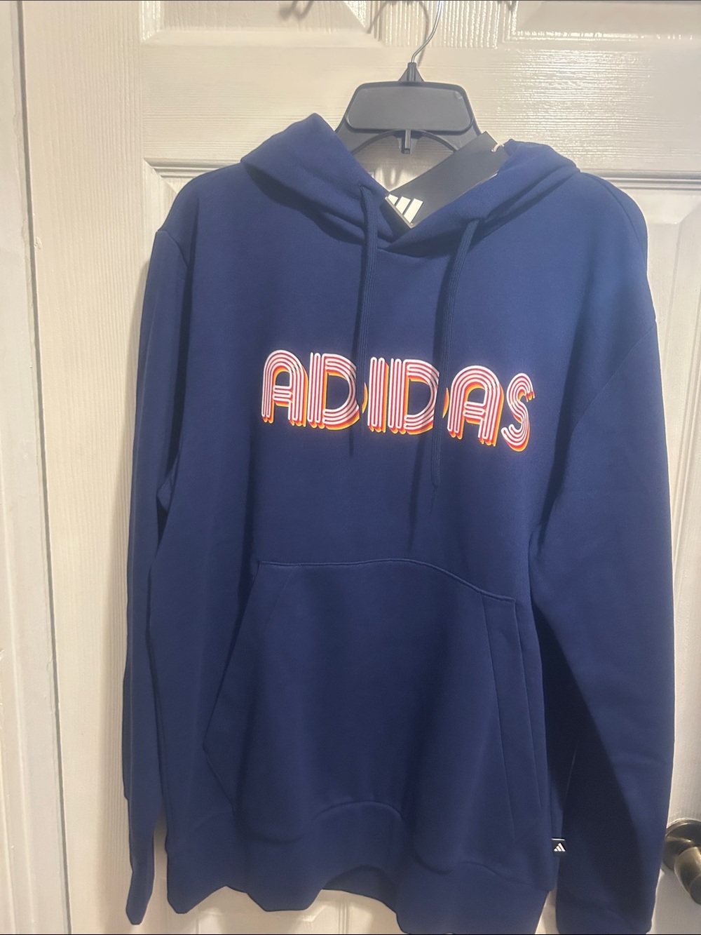 adidas Navy Blue Hoodie with Retro Multicolor Logo